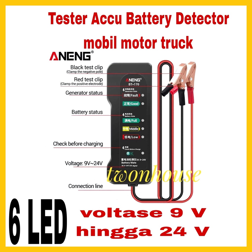 MultiInformasi Produk ANENG Tester Accu Car Battery Detector 12V Analyzer Fault - BT-170 Baterai Detektor ini digunakan untuk mendeteksi dan menganalisa accu atau baterai mobil, motor hingga truk Anda yang memiliki voltase mulai dari 9 V hingga 24 V. Alat