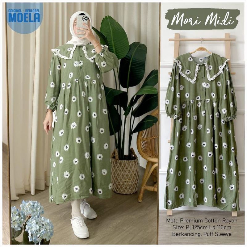 MORI MIDI DRESS RAYON BUSUI - MIDI DRESS HIJAU MOTIF BUNGA