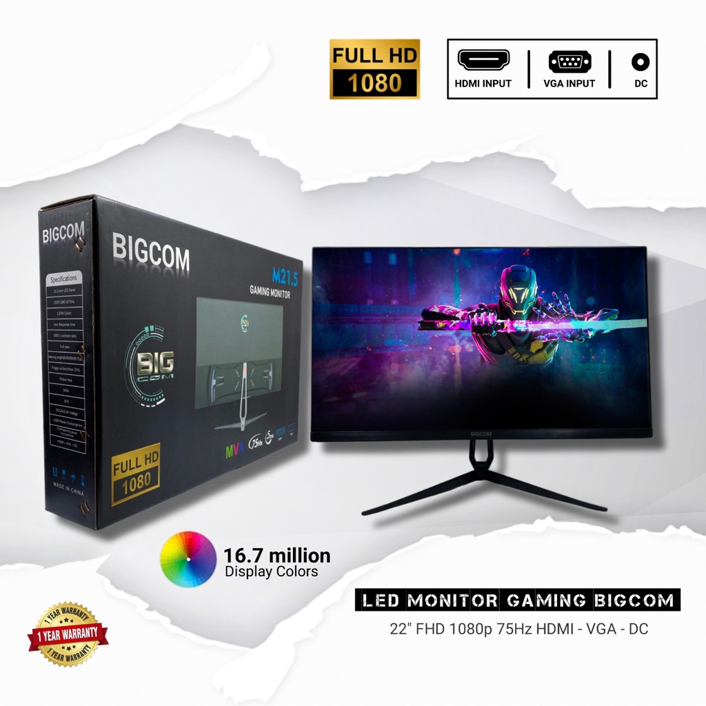 PROMO MURAH !!! BIGCOM LED Monitor 21.5 Inchi 1080p 75Hz Port HDMI VGA