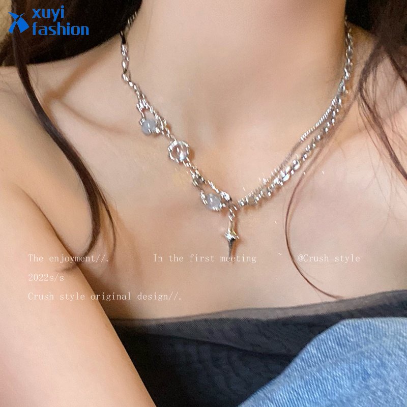 Kalung Liontin Bintang Aksen Kristal Warna Silver Gaya Korea Untuk Wanita