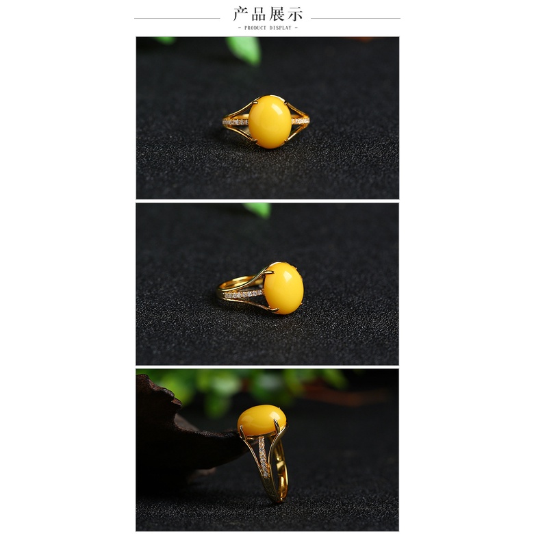 Goldkingdom Perhiasan Fashion Emas Asli Kadar 375 Bangkok Aksesoris Ready Stock925 Perak Bertatahkan Amber Beeswax Cincin Ayam Minyak Topchalcedony Adjustable Ring