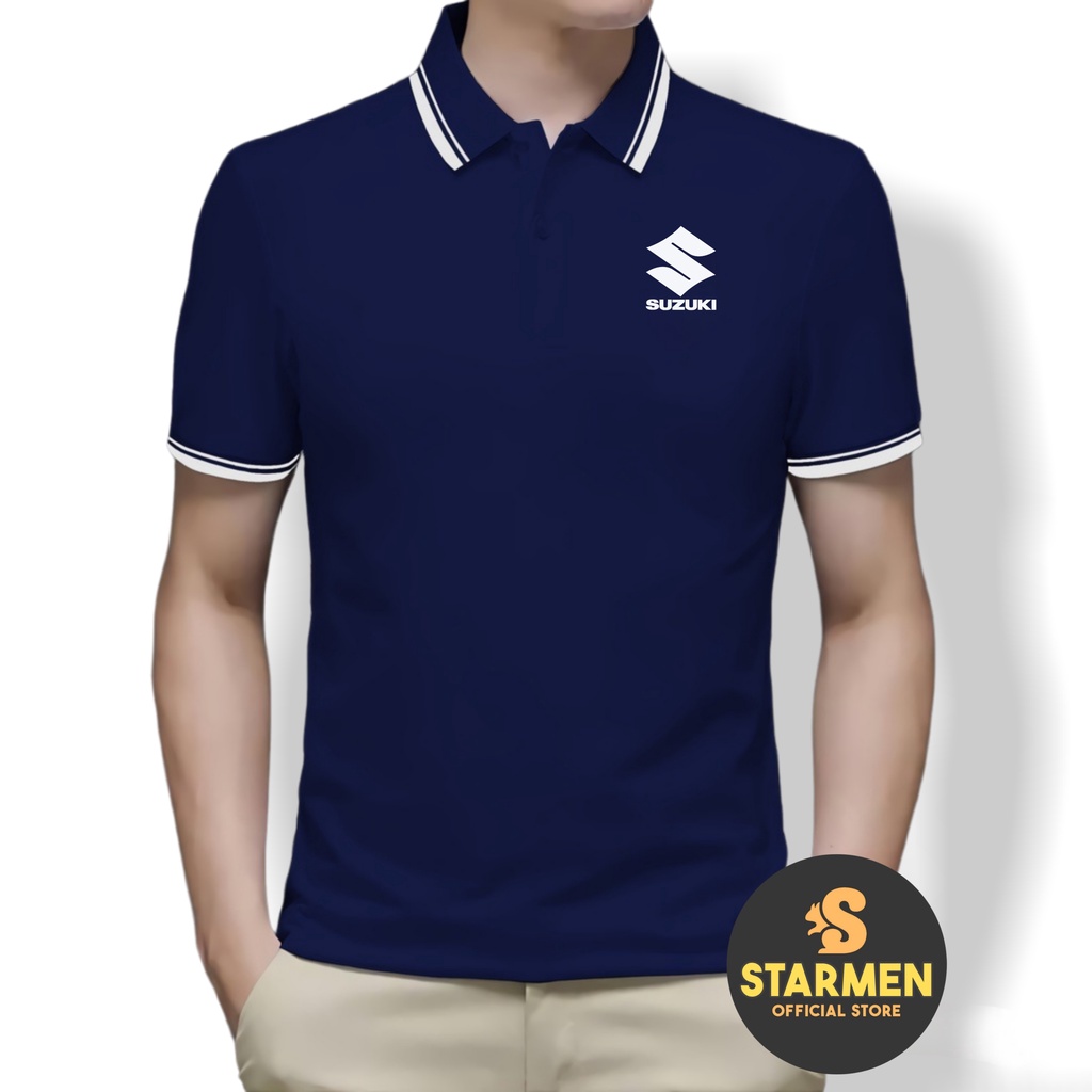 Kaos Polo Shirt Pria Kerah List Putih Logo SUZUKI