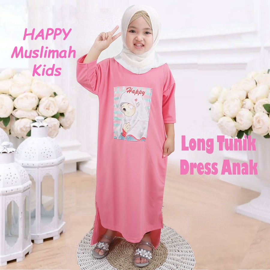 DRESS ANAK LONG TUNIK OVERSIZE HAPPY KIDS MURAH CANTIK MUSLIMAH PEREMPUAN 2-13tahun CARLINA