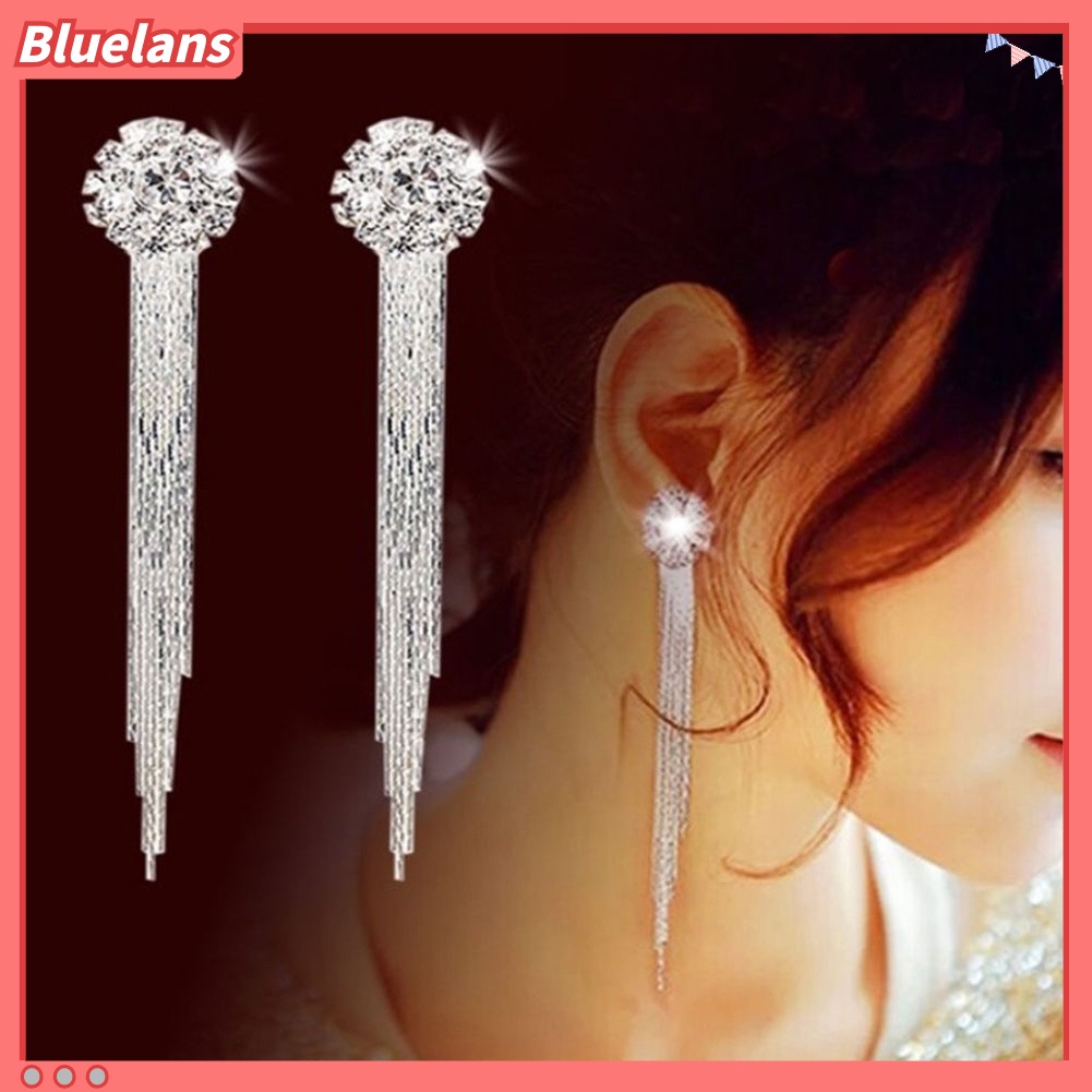 Bluelans Anting Tusuk Gantung Rumbai Panjang Hias Berlian Imitasi Untuk Pengantin Wanita