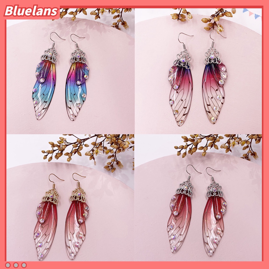 Anting Kait Desain Sayap Kupu-Kupu Aksen Berlian Imitasi Warna Gradasi Untuk Wanita