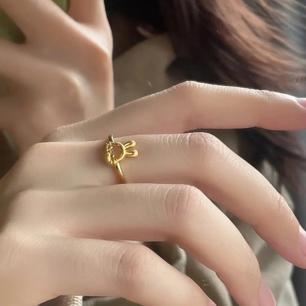 Cincin Model Terbuka Bahan Metal Desain Kelinci Warna Gold Gaya Vintage / Simple Adjustable Untuk Wanita