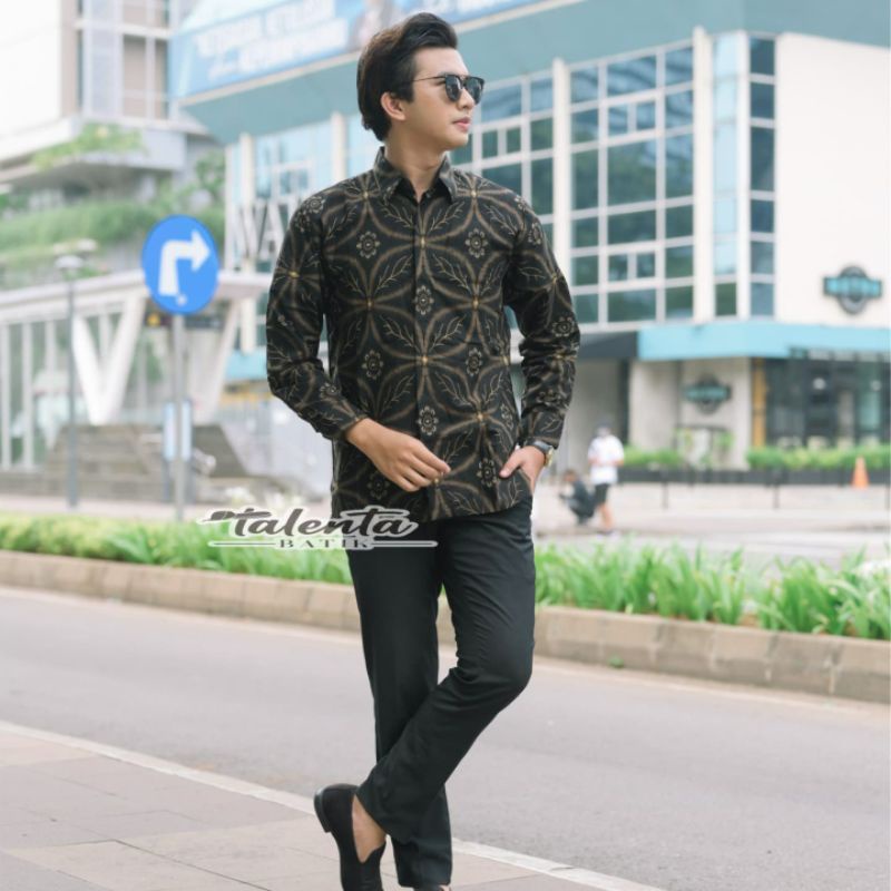 Batik kemeja pria lengan pendek&amp;panjang lapis furing bahan katun halus batik motif kawung hitam