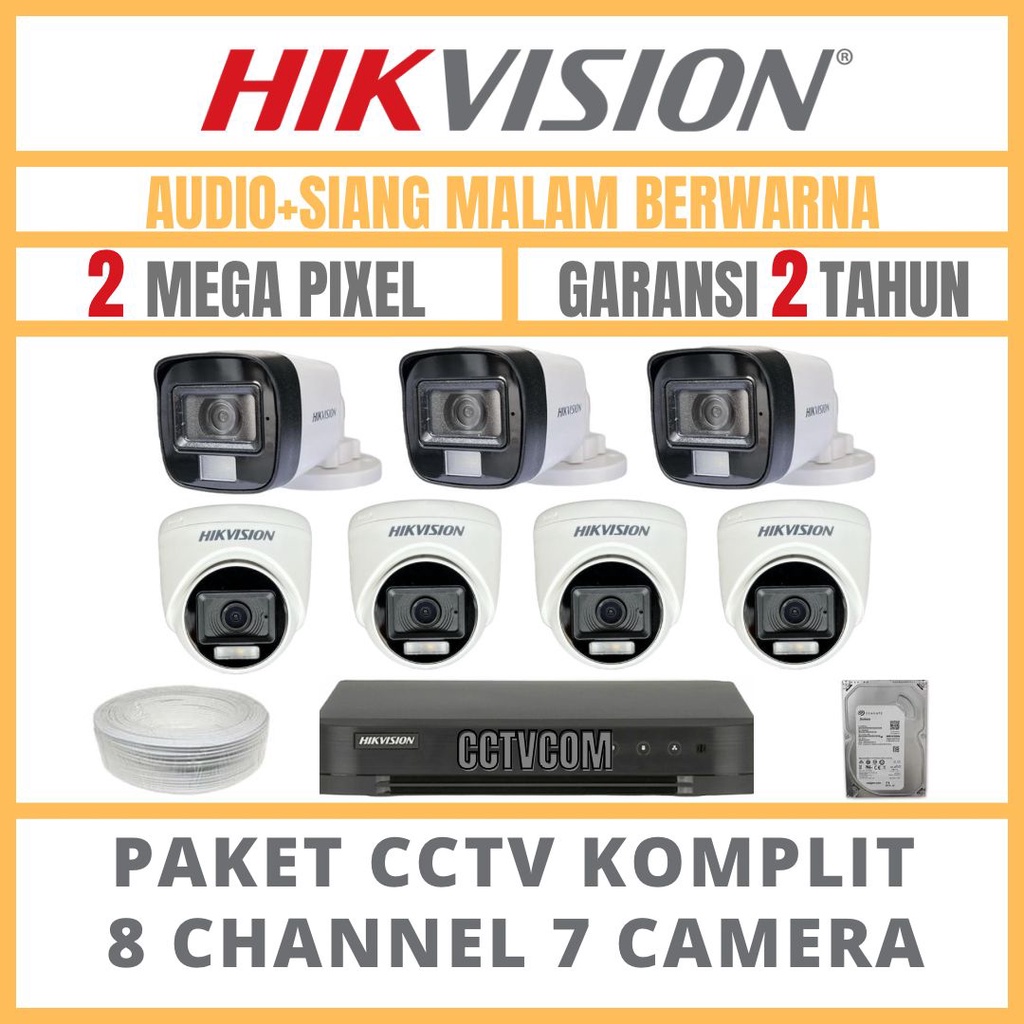 PAKET CCTV HIKVISION COLORVU 2MP 8 CHANNEL 7 CAMERA COLORFULL