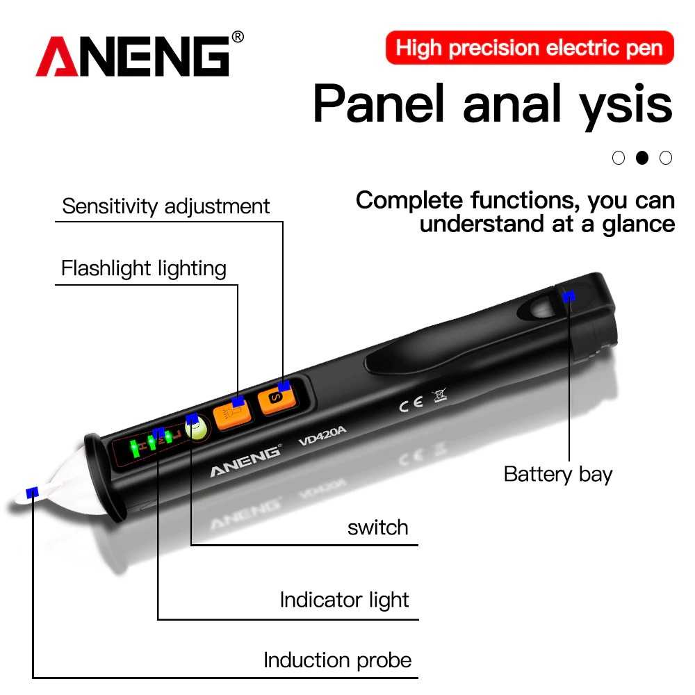 ANENG Test Pen Listrik Canggih Multifungsi / Testpen Tes Pen Tespen Cek Kabel Putus / Alat Deteksi Aliran Arus / Tester Non Contact AC Voltage Alert Detector 12V-250V - VD700 ANENG