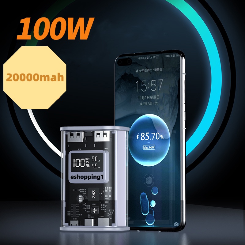 22.5W Fast Charge 20000 mAh transparent mecha power bank large capacity portable dual output real-time screen display