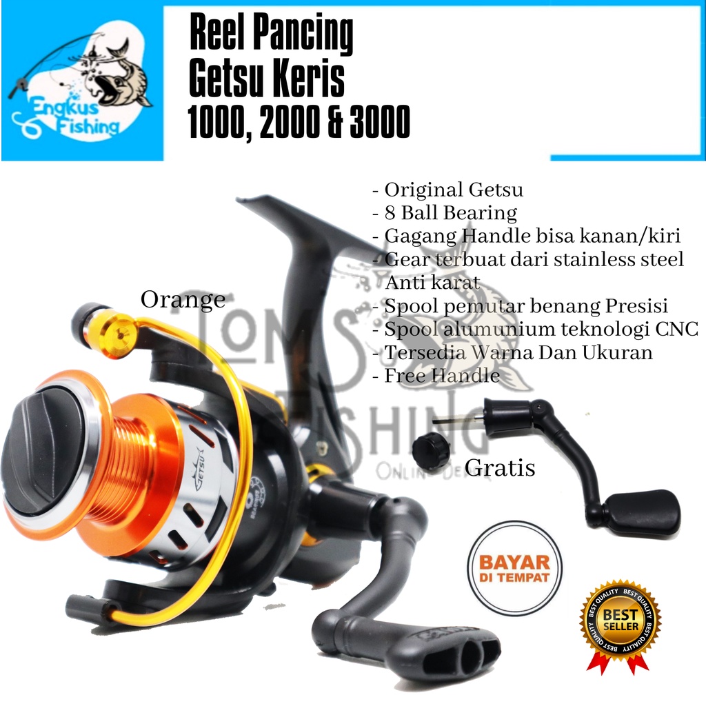 Reel Pancing Getsu Keris 1000, 2000 &amp; 3000 (8 Bearing) Bonus Handle Alumunium Spool - Engkus Fishing