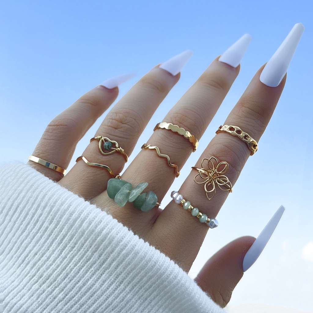 Set Perhiasan Cincin Jari Wanita Bentuk Hati Kupu-Kupu Geometris Silang Aksen Mutiara Warna Emas Gaya Boho Vintage Butterfly