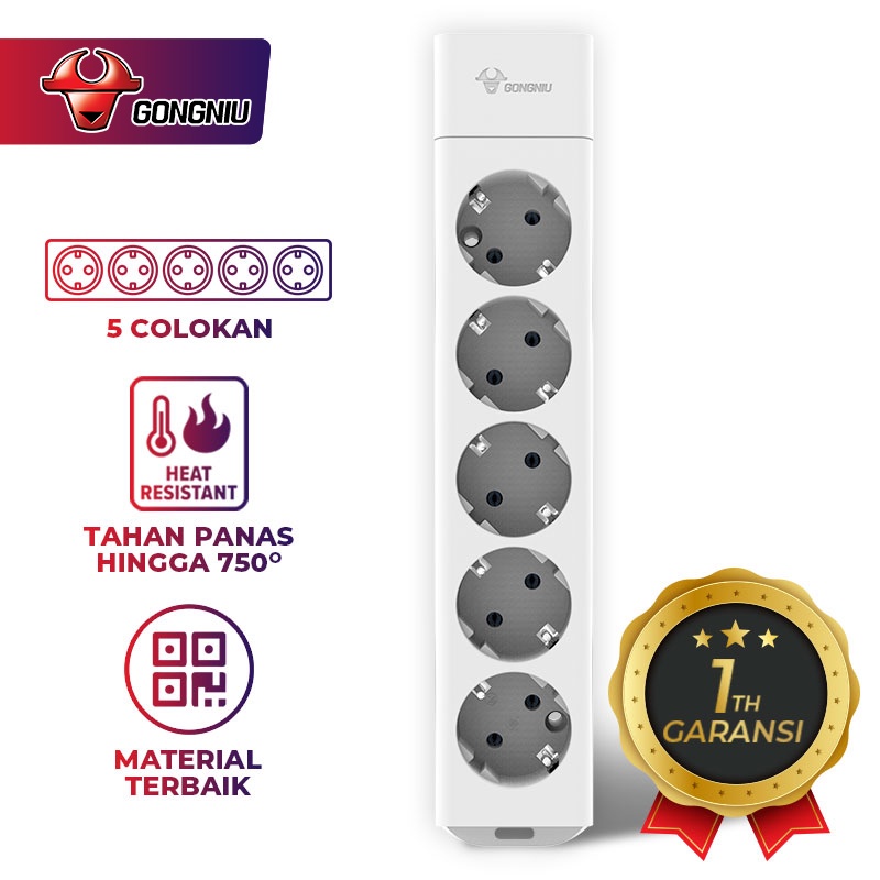 Gongniu Stop Kontak 5 Lubang Colokan Tanpa Kabel Power Strip G105 Tahan Panas - Garansi 1 Tahun