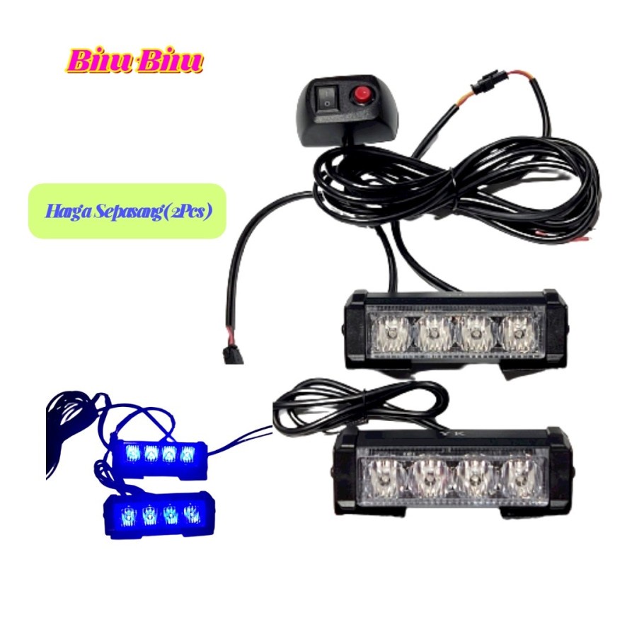 LAMPU LED FLAS RUNNING 4X2 4 MATA 8 MODE SENJA SAKLAR SWITCH ON OF MOTOR MOBIL LAMPU TOURING LED-BIRU