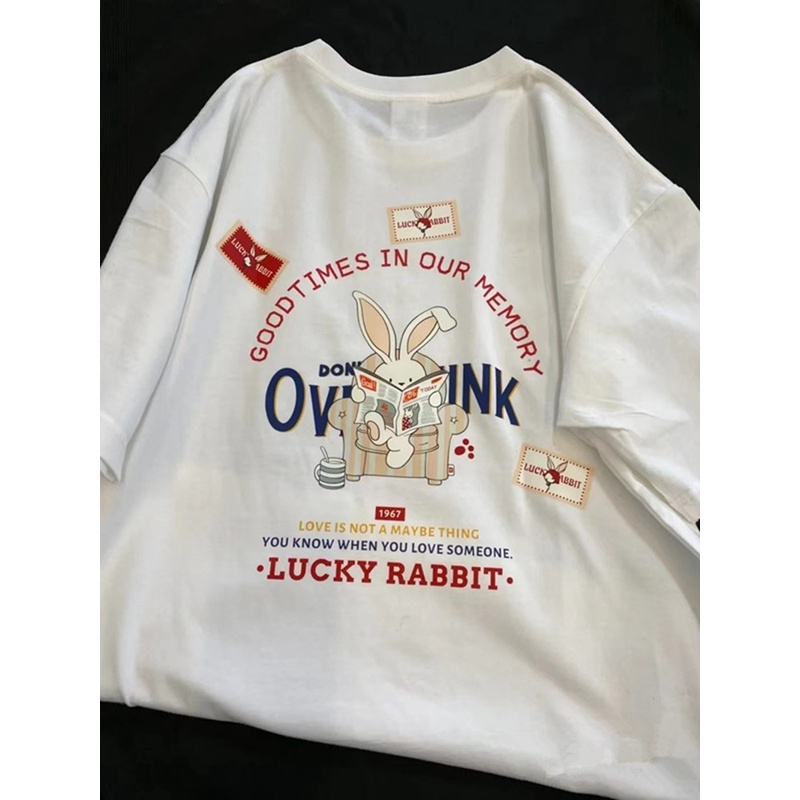 Baju Atasan Pendek Wanita Putih /Kaos T-shirt Imut Tee Import/Kaos Oversize Cewe -- Lucky rabbit (realpict)