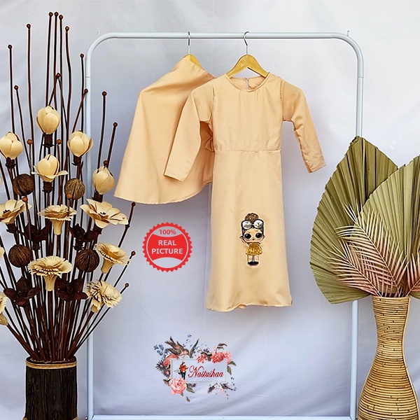 Kids Gamis Anak Usia 3-5 Tahun LOL LED Bahan Balotelli Setelan Gamis Syari Bergo Pita Anak Perempuan Cantik Warna Cream