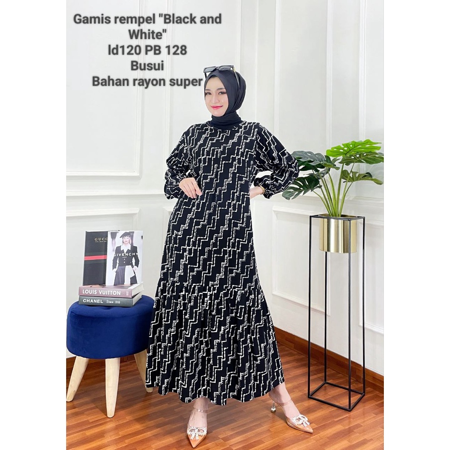 GAMIS RAYON PREMIUM MALAMAN BLACK WHITE JUMBO RESLETING DEPAN DRESS WANITA SYARI BATIK CAP PEKALONGAN