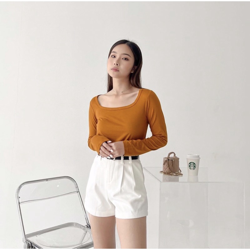 MORA SQUARE NECK LONGSLEEVE TOP KOREA - KAOS MANSET POLOS LENGAN PANJANG WANITA - PREMIUM TEE POLOS CUTTING WANITA COLORFUL - HADIAH / KADO ULTAH CEWEK