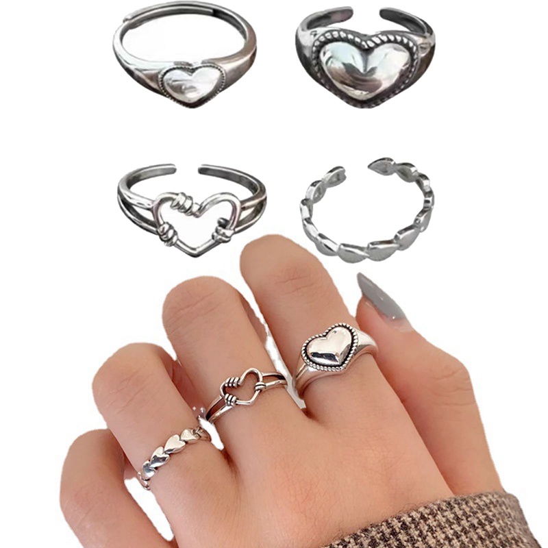 Fancyqube 4pcs / Set Cincin Model Terbuka Dapat Disesuaikan Warna Silver Gaya Retro Vintage Untuk Wanita