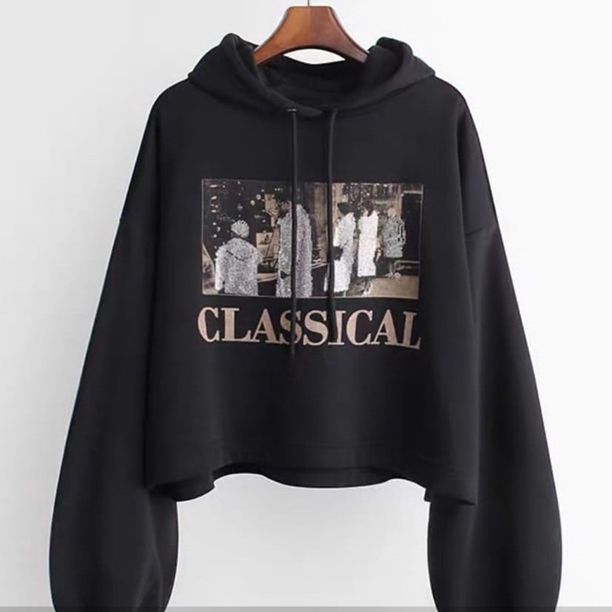 Hoodie Crop Wanita Classical | Korean Style | Baju Wanita | Bahan Fleece | Allsize