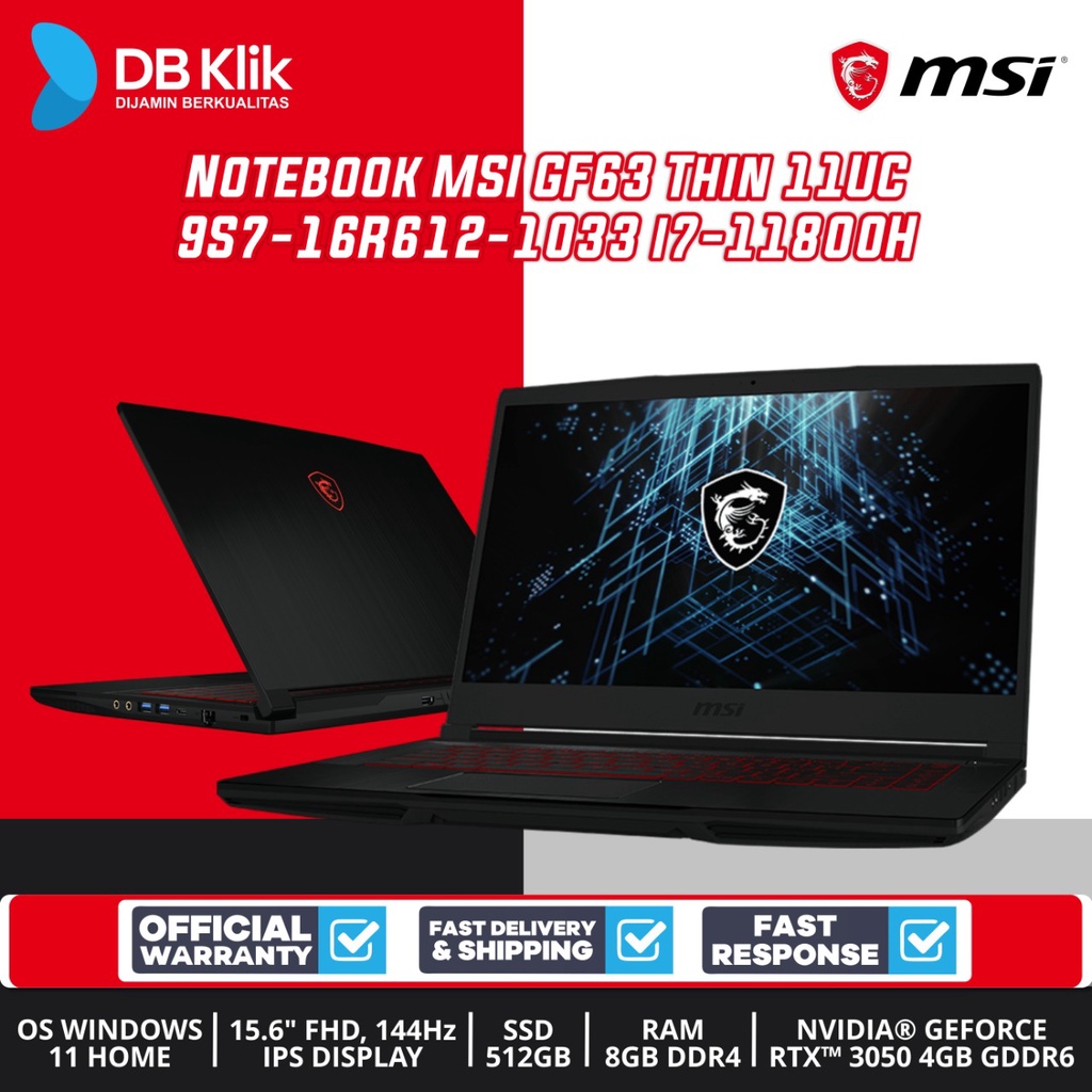 Notebook MSI GF63 Thin 11UC 9S7-16R612-1033 i7-11800H 8/512G RTX3050