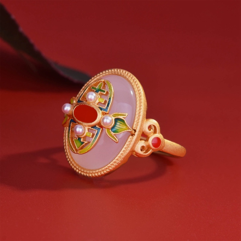 Fancyqube Cincin Model Terbuka Dapat Disesuaikan Bahan Enamel Silver Hias Giok Hetian Gaya China Retro Untuk Wanita