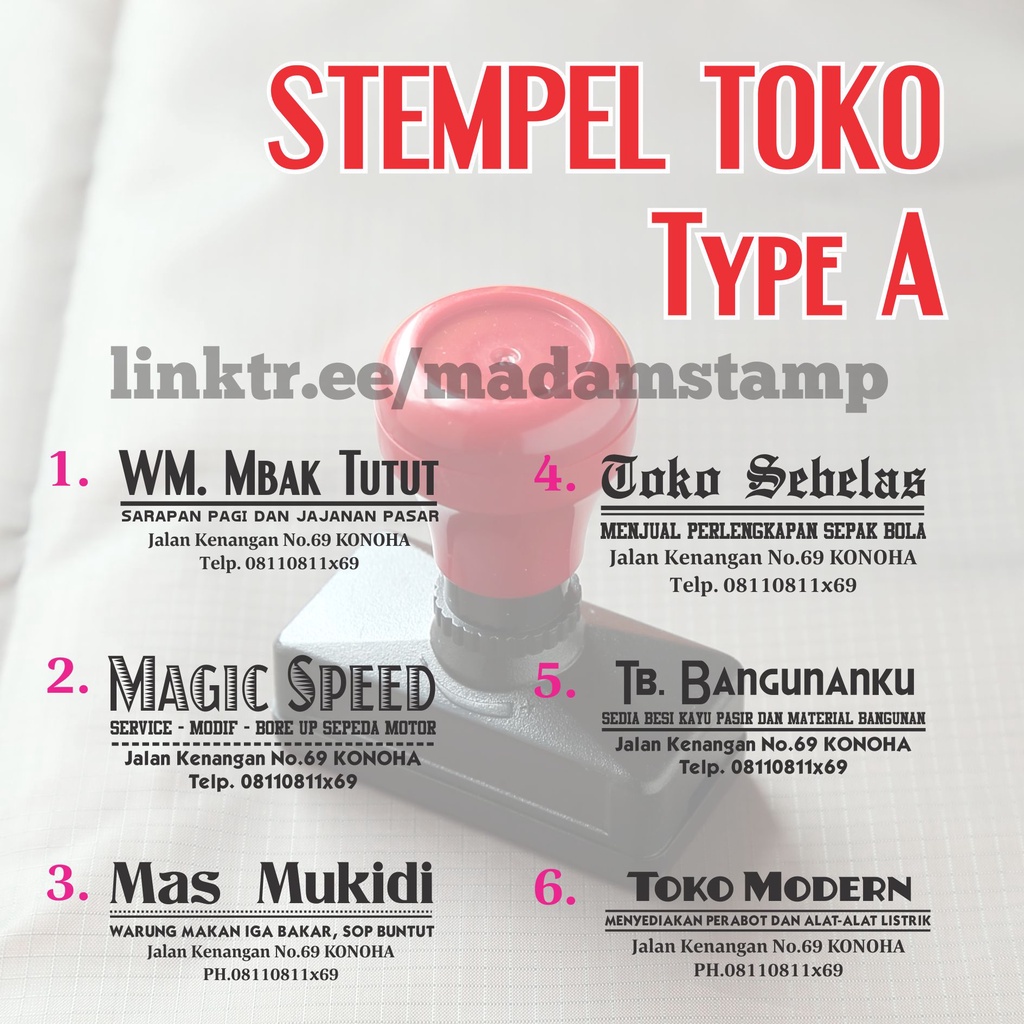 

stempel nama toko A logo brand nota simple desain alamat nomor warna otomatis