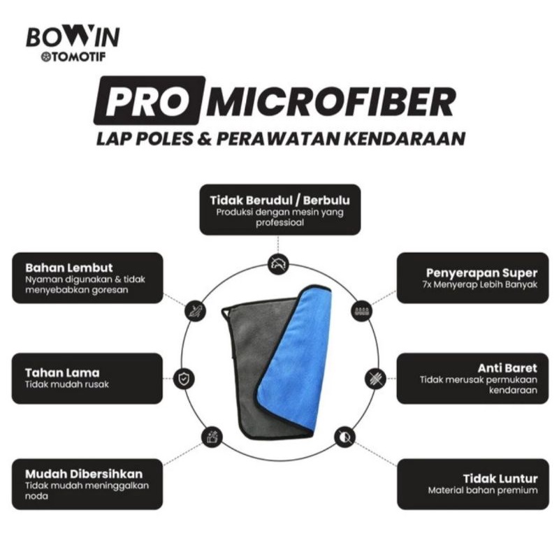 Bowin Pro Microfiber 800GSM (Lap Polish &amp; Detailing Exterior &amp; Interior) Lap Mobil dan Motor