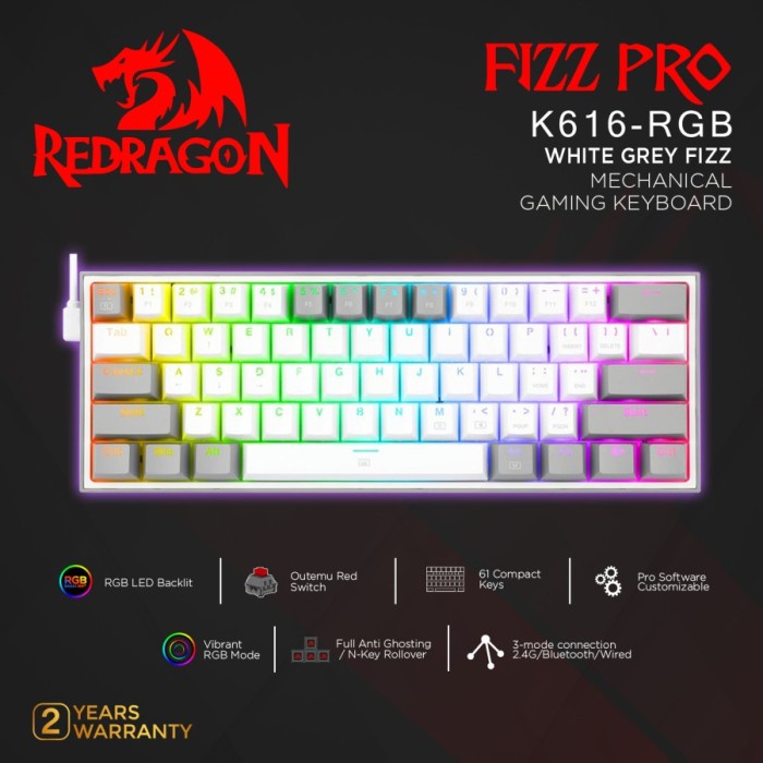 Redragon Mechanical Wireless Gaming Keyboard WHITE GREY FIZZ -K616RGB