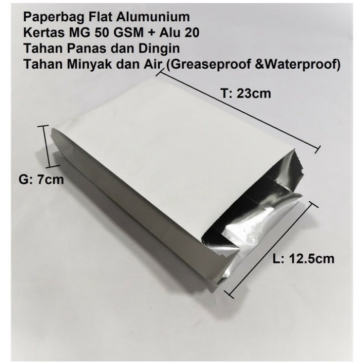 

Paperbag Flat Alumunium 12,5x7x23cm ( Uk.S ) Tahan panas,Dingin,minyak dan Air