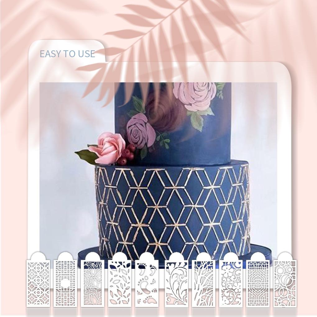 Paket 10tahun Pernikahan Kue Bunga Dapat Digunakan Kembali Lipat Template Pastry Border Cetakan DIY PET Stensil Bakery Baking Perlengkapan