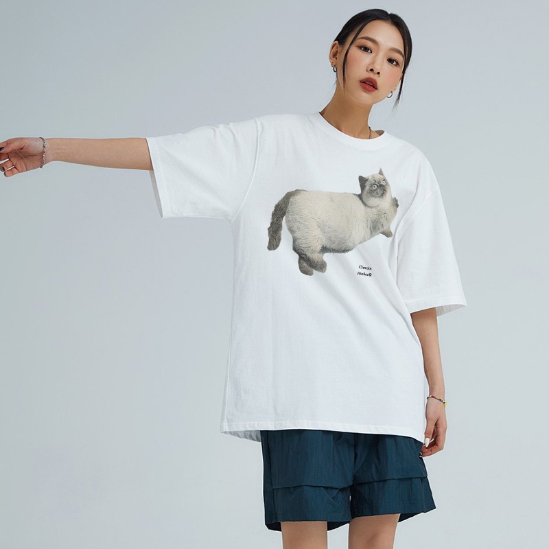 EUNII T-shirt Lengan Pendek Imut Kucing Pencetakan Longgar Korean Style/Kaos Atasan Wanita/Baju Kaus Oversize Wanita