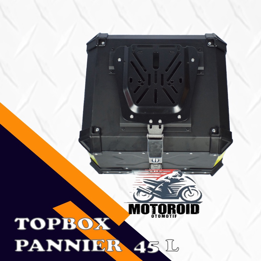 Top box motor pannier alumunium impor 45 liter kunci model x + breket base plate