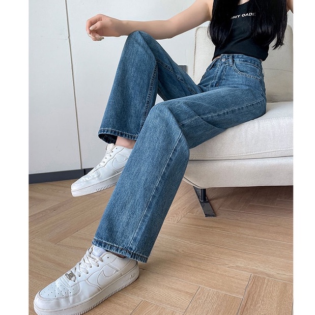 Biru Retro Hight Waist Kulot Celana Jeans Wanita Korea