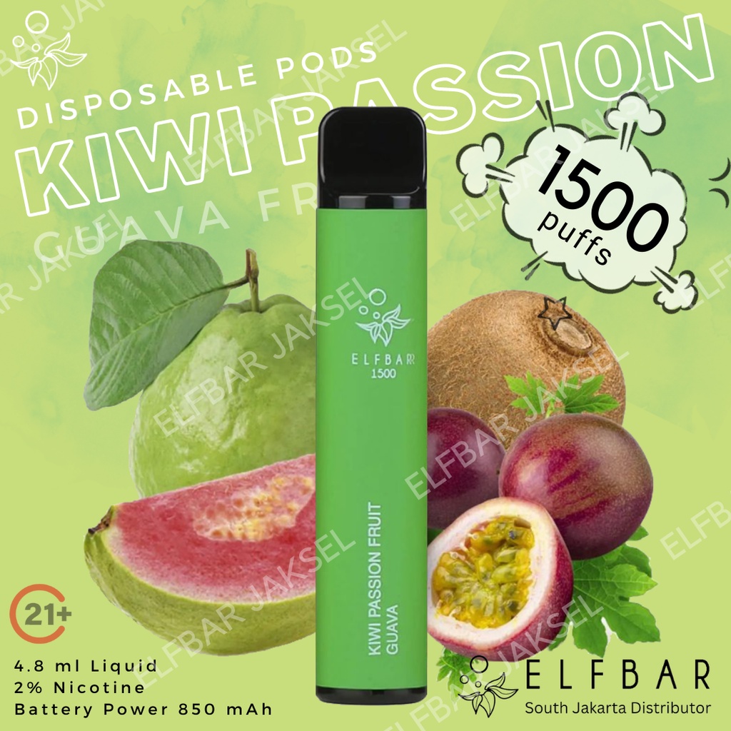 ELFBAR 1500 Puffs Kiwi Passion Fruit Guava | ELF BAR 1500 Disposable Pod | Vape Sekali Pakai Arief Muhammad | Best Disposable Pods Indonesia | RELX ViFX Gippro FNF Puff