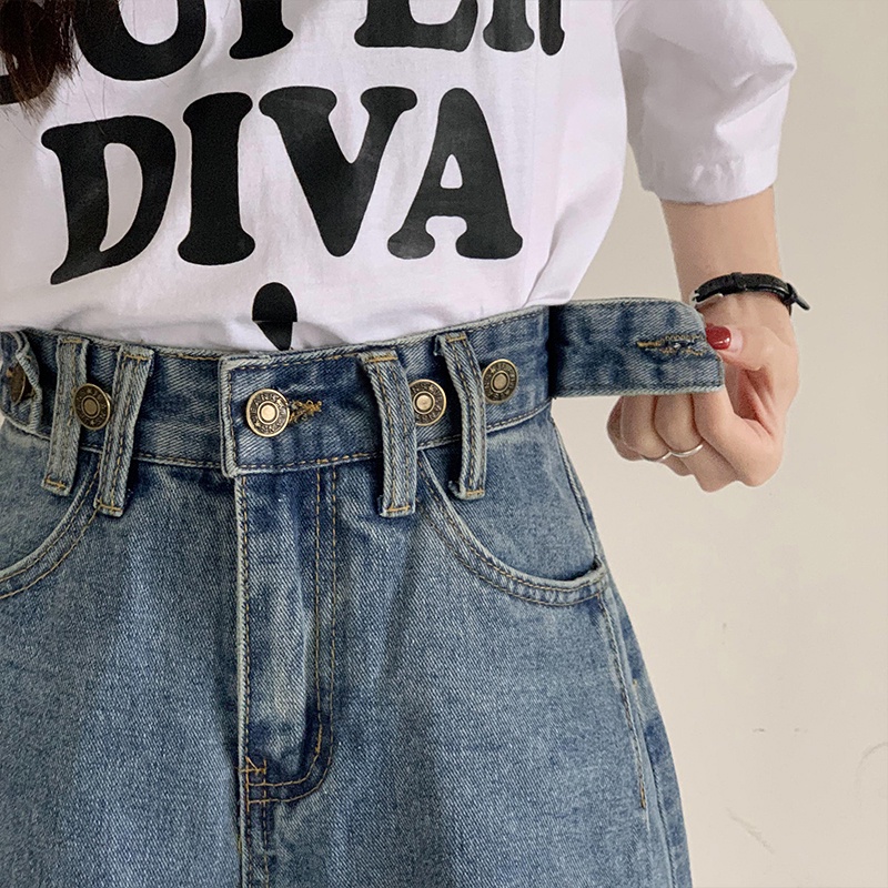 Warna Biru Kasual Celana Pendek Denim Pinggang Tinggi Wanita