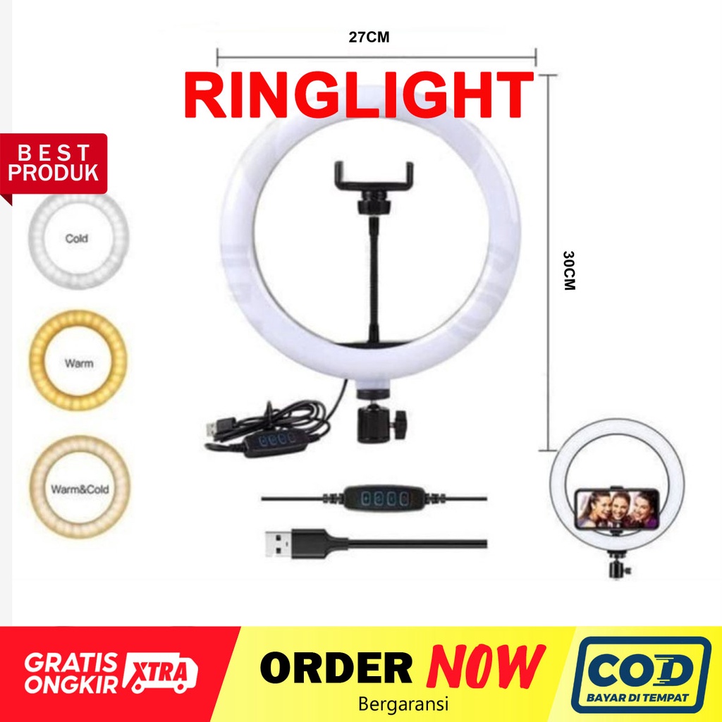 Lampu Ring ligh led 10 inch 27cm live triming tiktok shopee facebook instagram + holder penjepit hp  3 warna lampu - dinno.id