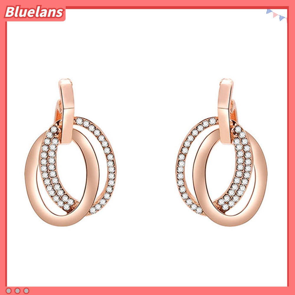 Set Perhiasan Kalung Anting Cincin Oval Ganda Hollow Aksen Berlian Imitasi Untuk Pernikahan