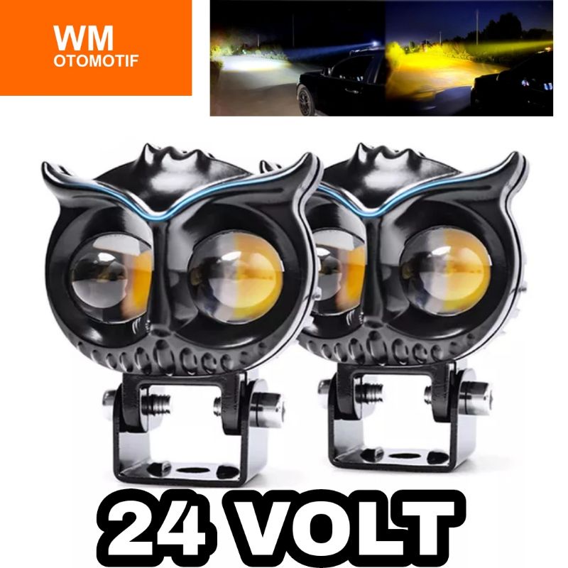 Lampu Tembak Sorot 24 Volt 2 LED OWL Superbright Mini Driving Lens Truk Bus Canter Fuso Tronton Putih Kuning 2 Warna D2 Hi Lo Cutoff Mobil High Low Lasergun Kipas Laser Gun Offroad Bar Cree Jauh Dekat Dim Light Bar Foglamp Worklight Waterproof Truck Bis