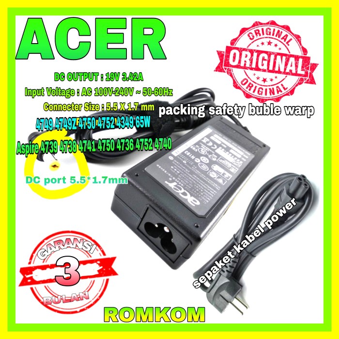 Berkualitas Adaptor Charger Acer Aspire 3 A314-21 A314-31 A314-32 A314-33 A314-41 Berkualitas