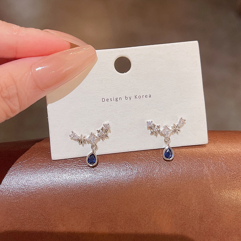 Anting Tusuk Sterling silver 925 Desain Bintang Hias Kristal Zircon Biru Mewah Untuk Wanita