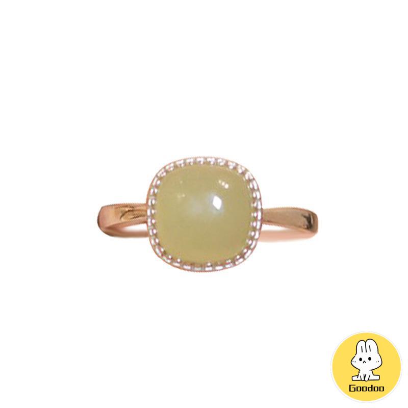 Cincin Giok Hetian Lapis Emas 18K Gaya Vintage Untuk Wanita Korea Fashion -Doo