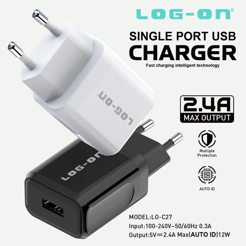 ADAPTOR CHARGER - BATOK CHARGER LOG ON 1USB 2,4a LO-C27 AUTO ID 12W