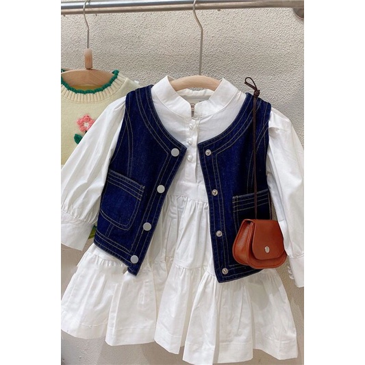 (LOLI-JKT) BD-332 DRESS ANAK WHITE + ROMPI JEANS SIZE  100-140