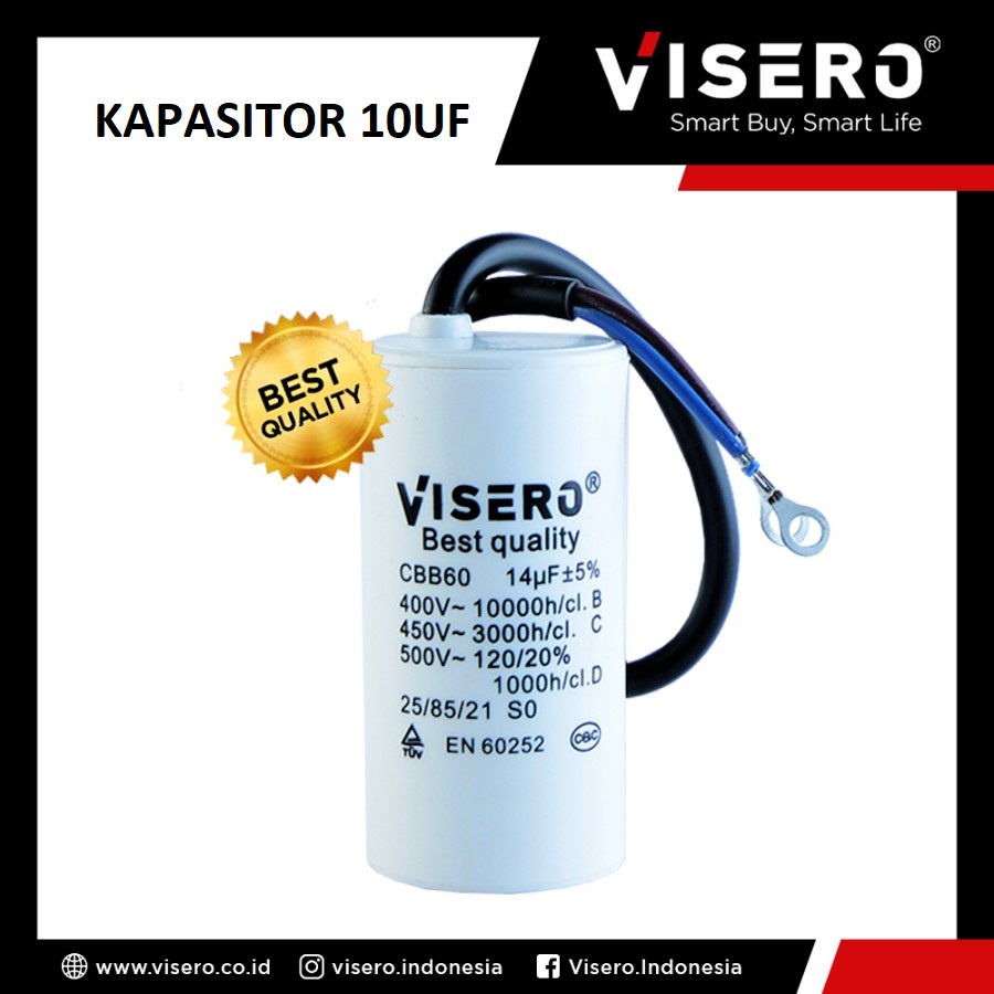 Kapasitor Visero 10uf 450V Bulat Kabel Capacitor Mesin Cuci Pompa Air