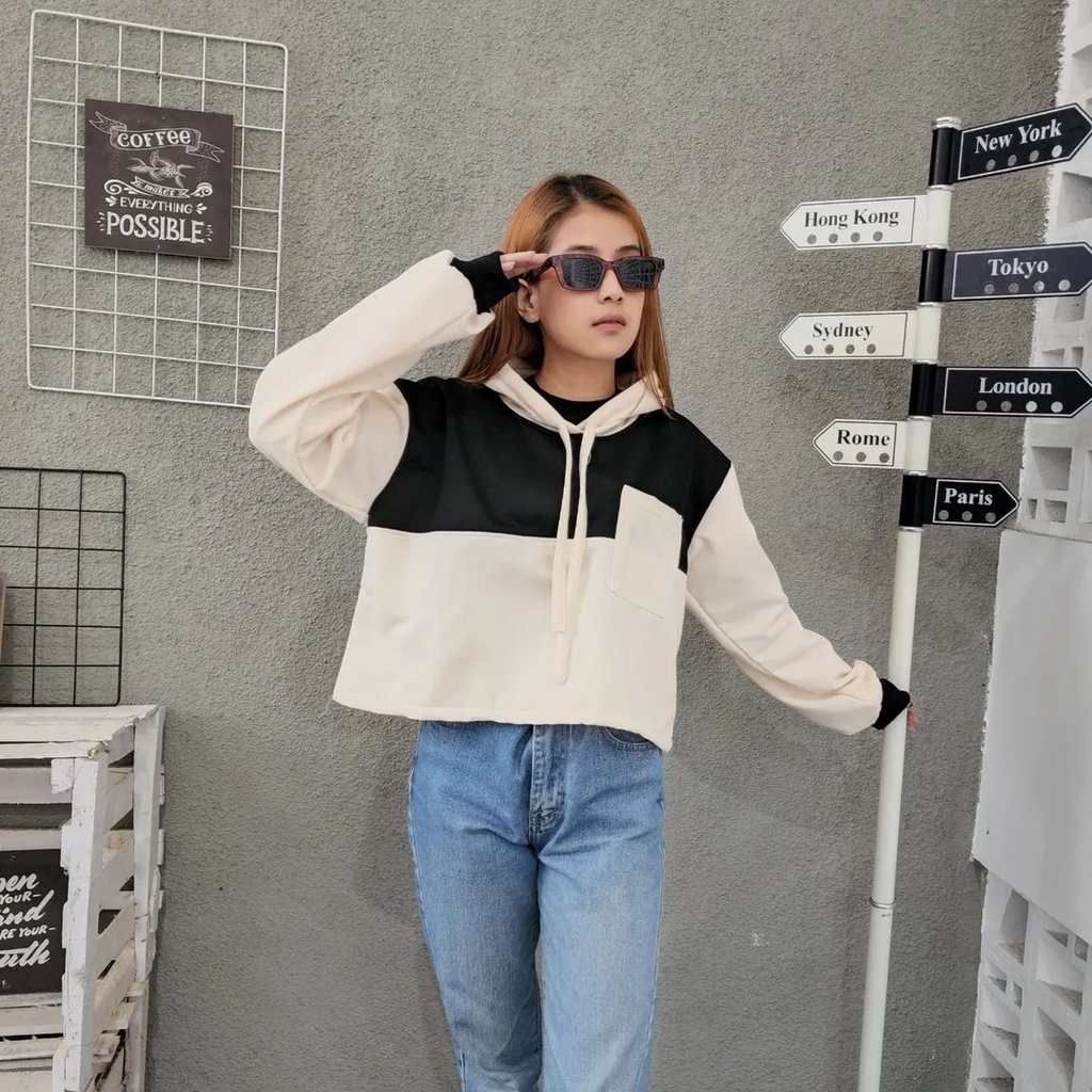 AGNES POCKY Hoodie Croope Sweater Wanita Oversize Sweater Atasan 2 Tone Jacket Terbaru Korean OOTD Kasual Style Fashion Terkini