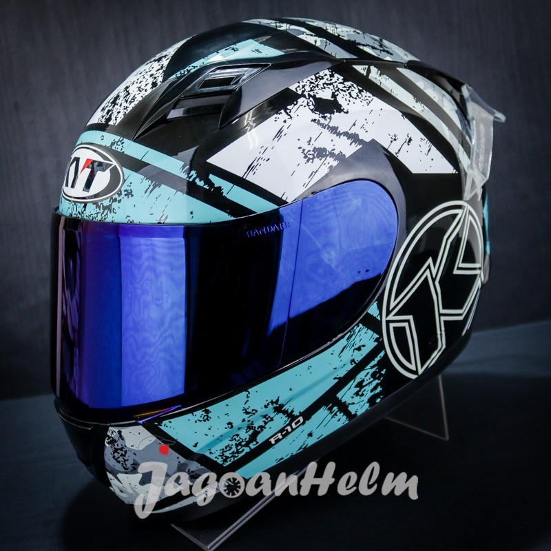 HELM KYT R10  BLACK AQUA BLUE PAKET GANTENG | R-10 FULLFACE / helm pria keren murah / helem cocowk k