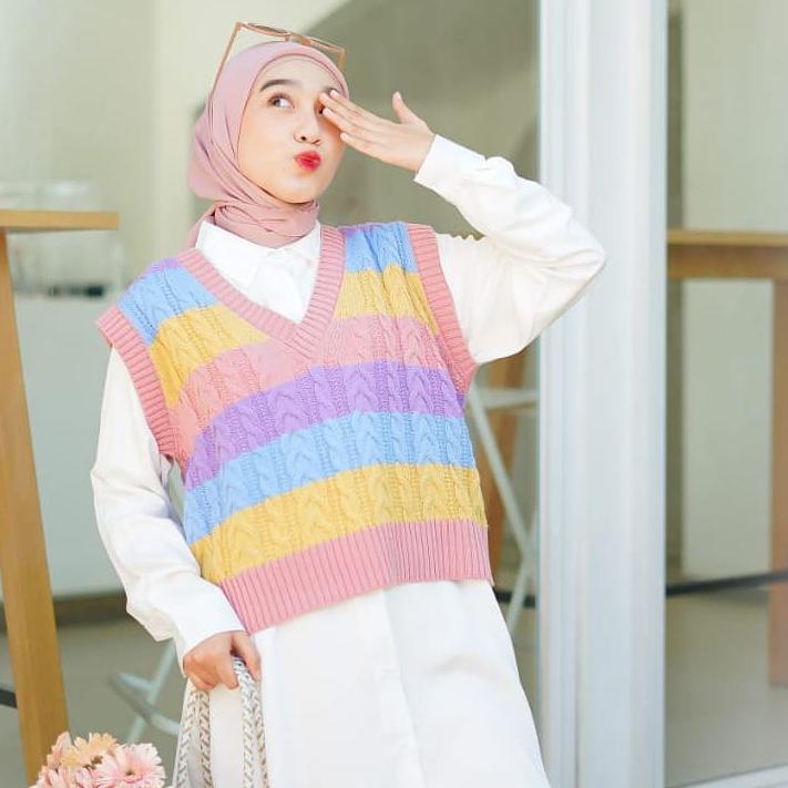BAYAR DITEMPAT✔️Candy Cable Vest Rompi Rajut Wanita / Vest Cable Rainbow / Rompi Rajut Wanita Warna 