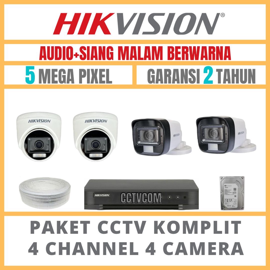 PAKET CCTV HIKVISION COLORVU 5MP 4 CHANNEL 4 CAMERA TURBO HD COLORFULL