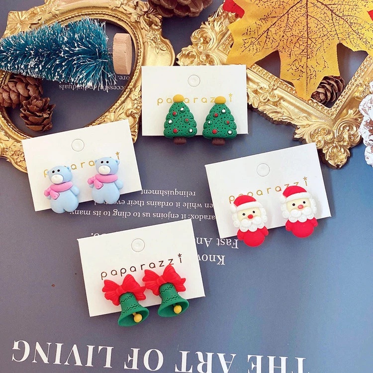 Anting Stud Desain Kartun Snowman Santa Claus Rusa Pohon Natal Bahan Resin Gaya Vintage Untuk Wanita